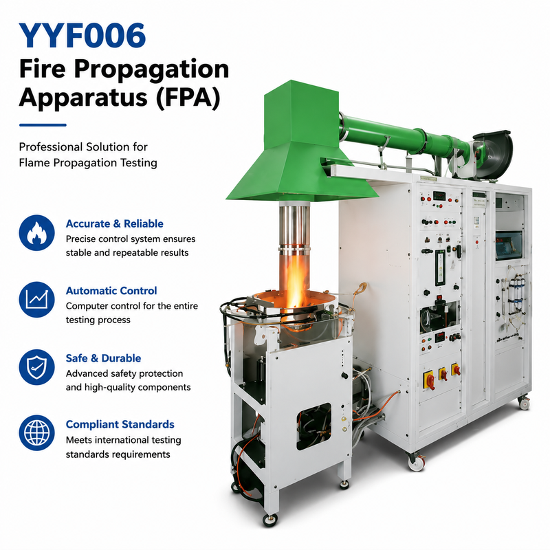 Perangkat penyebaran api dengan Paramagnetic Oxygen Analyzer, Infrared CO2 Analyzer, dan Thermopile-type Heat Flow Meter untuk pengujian flammability